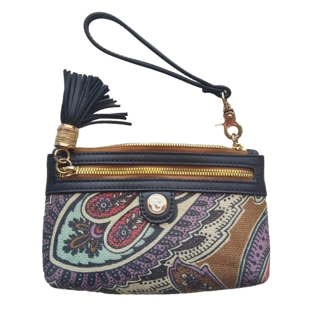 Spartina 449 Boheme Mermaid Leather Wristlet Paisley Tassel Natural Linen